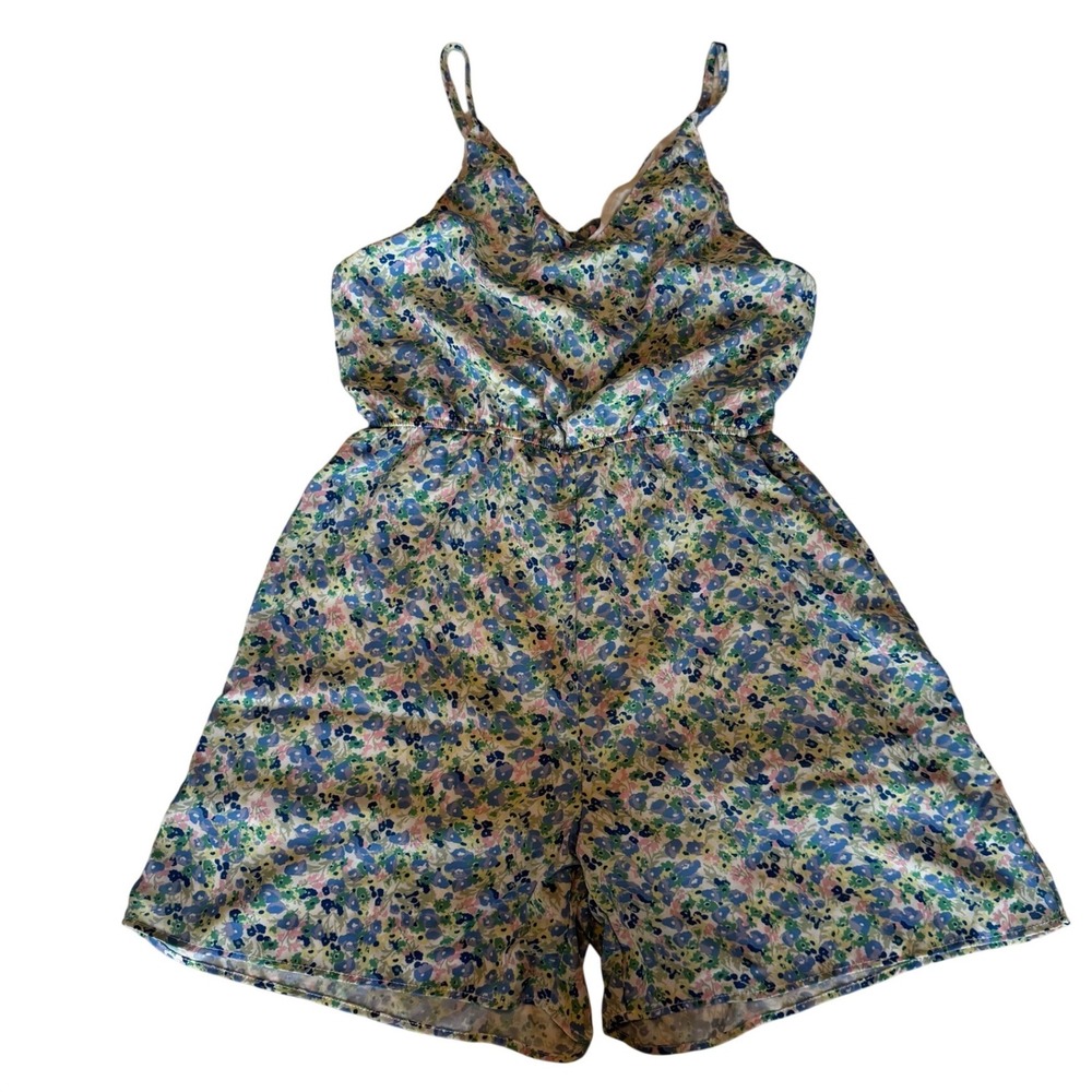 Heyson Floral Satin Romper‎ Blue Green Pink V-Neck Spaghetti Strap Womens Size M